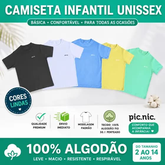 Kit 5 Camisetas Infantil Básica Lisa Algodão Menina Menino Blusa Uniforme Escolar