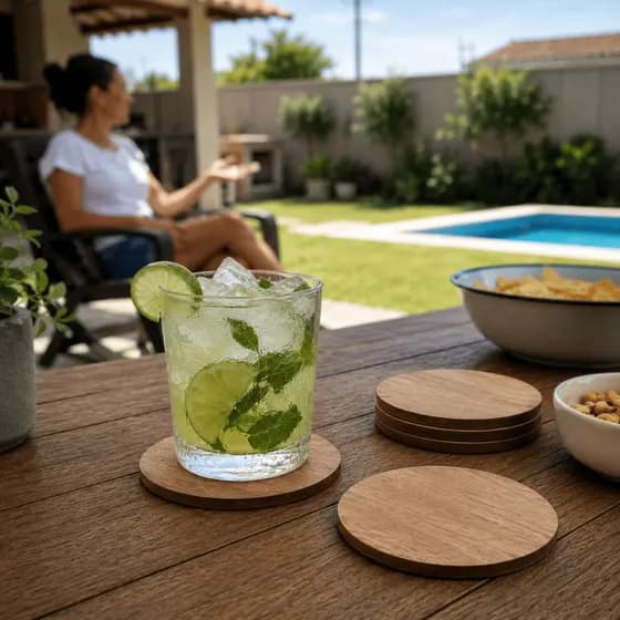 Kit 4 Bolachas Porta Copo Madeira MDF Para Drinks e Bebidas