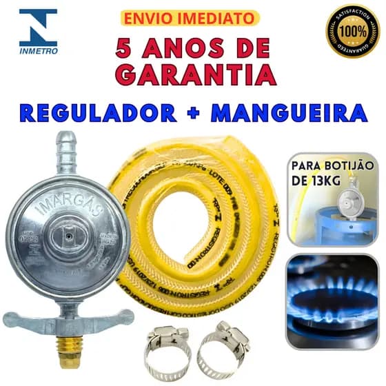 Registro Regulador de Gás de Cozinha Botijão para 13k com 1Kg/h Mangueira com Abraçadeiras Kit Fogão