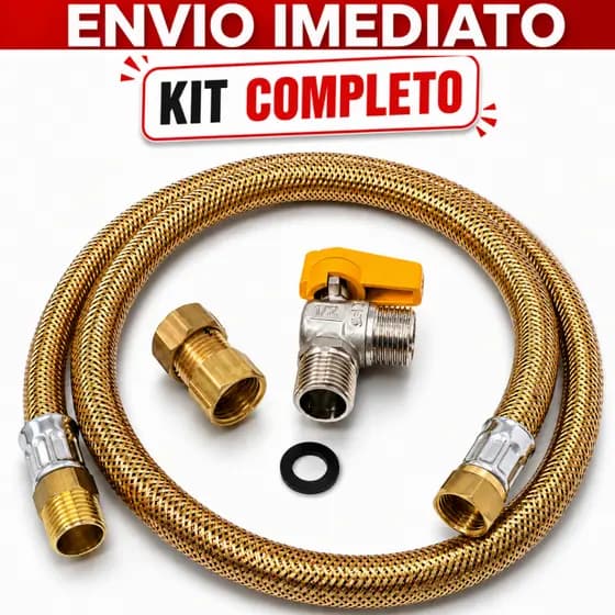 Kit Mangueira Gas Encanado Cobre Metálica Registro Angular 90 graus macho e adaptador 1/2'' Fêmea
