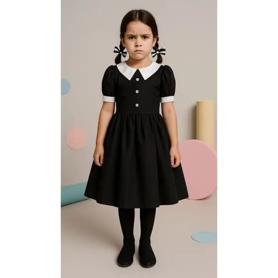 Vestido Halloween Infantil Fantasia Wandinha Menina Preto