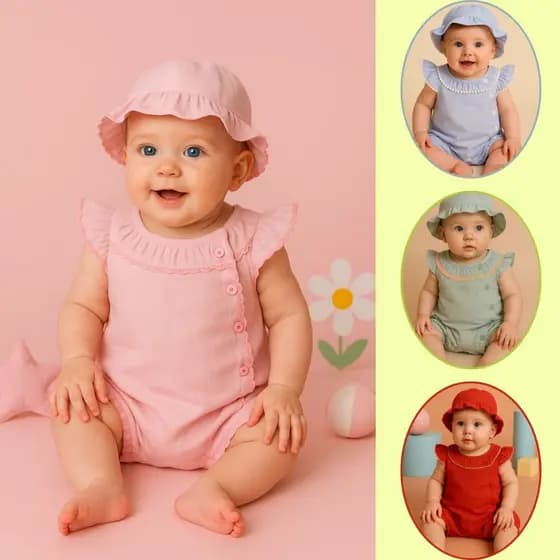 Roupa Bebê Menina Macacão Bebê Banho de Sol em 100% Algodão Pimpão Com Chapéu Maternidade
