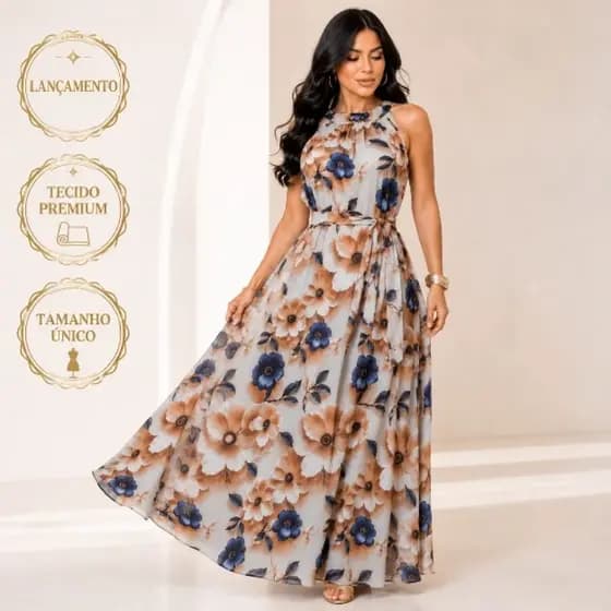 Vestido Estampa 3D Longo Feminino Floral Elegante Gola Alta Estampado Festa Igreja Casual Tamanho Único