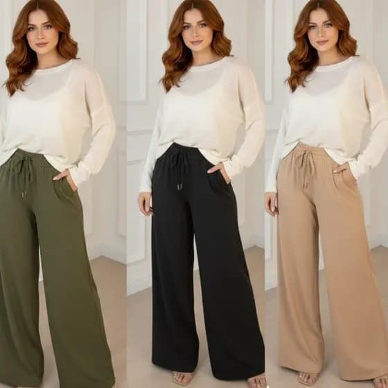 kit 3 Calça Pantalona Duna com elastico na cintura Wide Leg