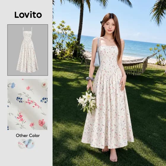 Lovito Férias Vestido Clássico E Versátil Com Pregas Drapeadas Para Primavera/verão Ideal Para Mulheres L144AD083