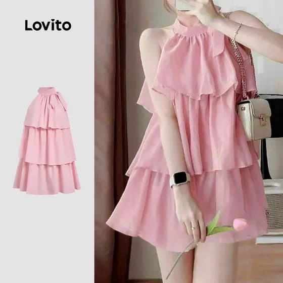 Lovito Casual Vestido com babados na frente primavera/verão vestido rosa para mulheres LK3ED1771