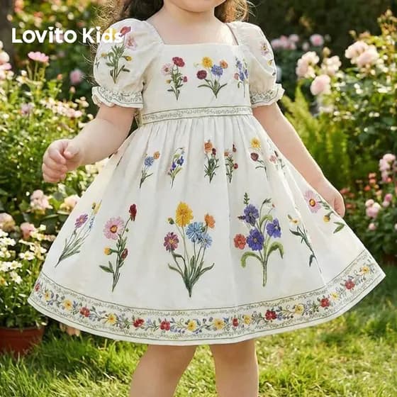 Lovito Kids Vestido Casual com Estampa Floral Drapeado Primavera/verão Branco para Meninas L192AD013