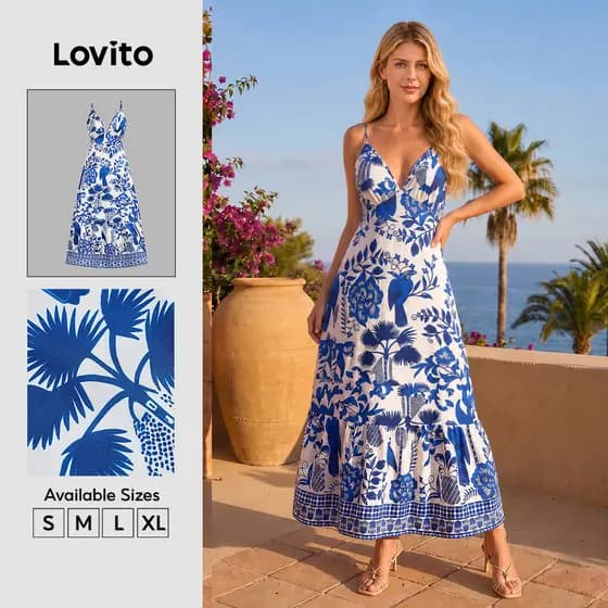 Lovito Férias Vestido de Festa Estilo Resort Solto Praia Amplo Primavera/Verão Azul Branco LK2LD367