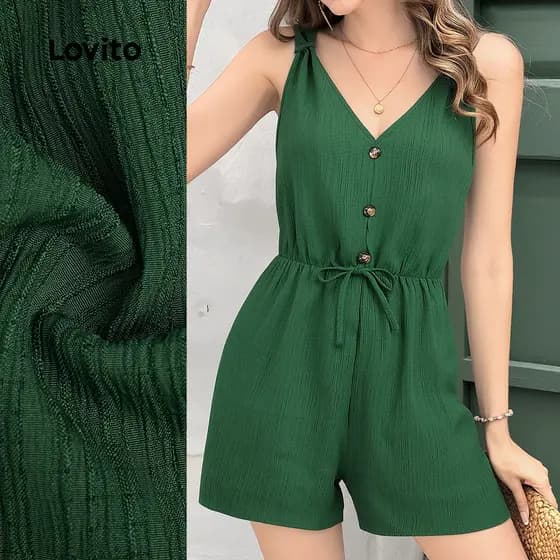 Lovito Casual Macacão Feminino com Botão Frontal Plissado Estampado Primavera/verão Verde Escuro Macacão L177ED047