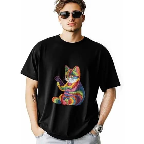 Camisetas masculinas, camisetas masculinas de manga curta gato e gola redonda, camisetas masculinas casuais