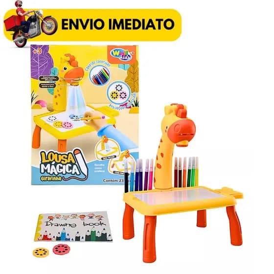 Mesa Mágica de Desenho Projetor de Girafa Com Canetinhas Acompanha Papel Apagável e Flanela