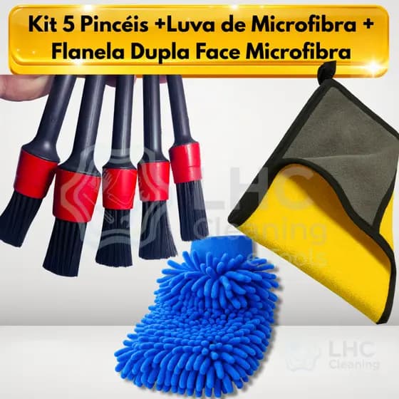 Kit Limpeza Automotiva 05 Pincéis limpeza Automotivas + Flanelas Toalhas Panos Microfibra 40x30 60x30 + Luva Microfibra