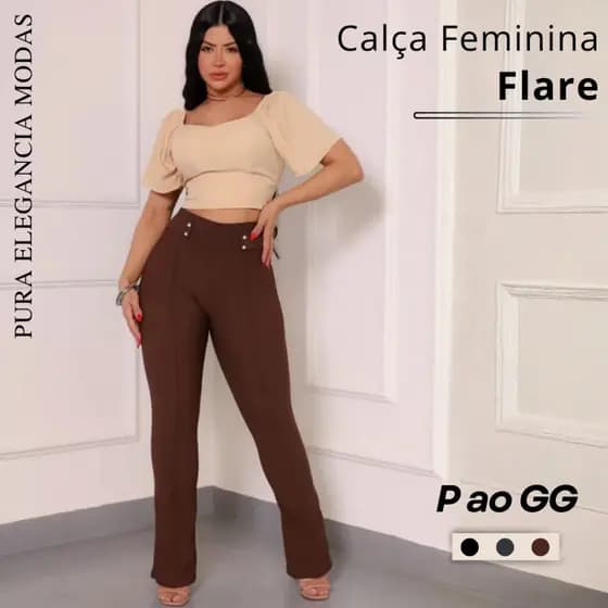 Calça feminina Flare conforto Elegancia Com Bolso e 4 Botes