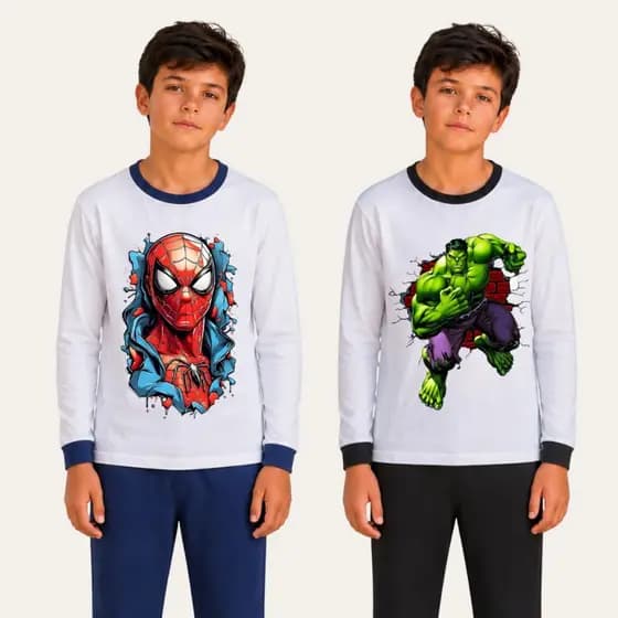 Kit 2 Pijamas Masculino Longo Inverno Roupa de Dormir Infantil Suede Estampado