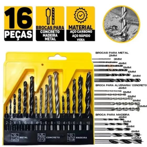 Kit Jogo De Brocas Estojo 16 Peças Madeira Metal Concreto Ferro Aço Furadeira Parafusadeira