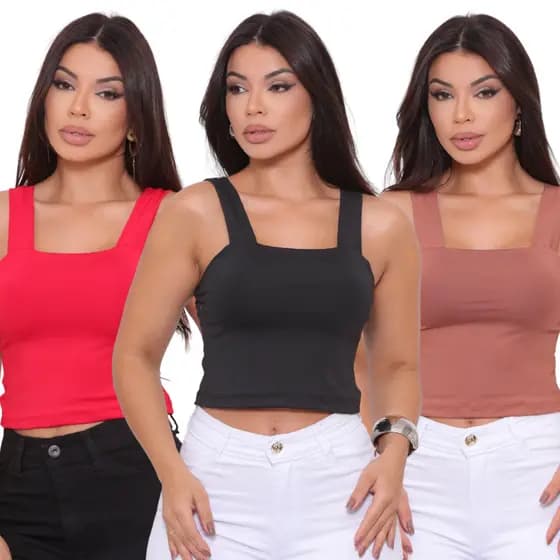 Kit 3 Cropped Blusa Alça Grossa Suplex Várias Cores