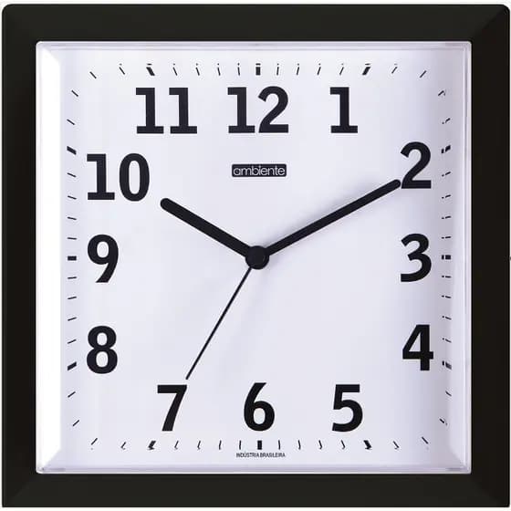 RELOGIO DE PAREDE QUADRADO NUMEROS PRETOS FUNDO BRANCO