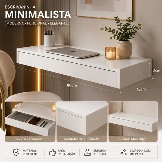 Escrivaninha Suspensa 80cm Gaveta MDF Branca Mesa de Parede Compacta Home Office Moderna Penteadeira