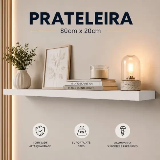 Prateleira em MDF Branco 80x20