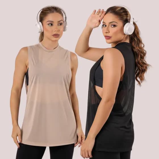 Kit 2 Regatão de Tule Regata de Academia Fitness Moda Feminina