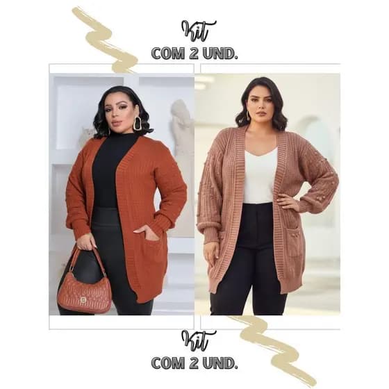 Kit 2 Cardigan Plus Size Feminino Tricô Alongado Confortável Com Bolso Elegante Moda Inverno