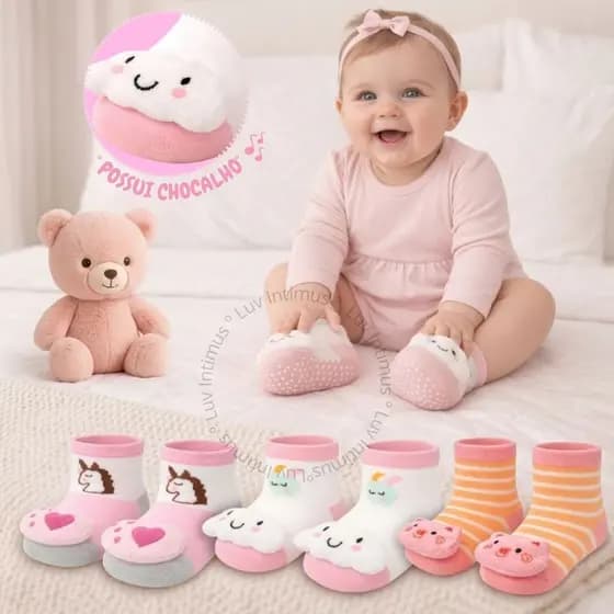 Kit 12, 6 ou 3 Pares de Meias Bebê Menina com Chocalho Sensorial Pelúcia no Pé Algodão Premium 0-24 Meses