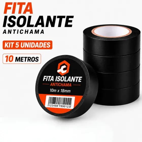Kit 5 Fita Isolante Anti chama 10 Metros x 18mm Profissional Elétrica Alta Fixação Resitente Preto