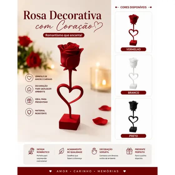 Rosa Eterna Vermelha - Base Coração – Presente Romântico Dia dos Namorados, Aniversário, Decoração, Amor, Dia das Mães