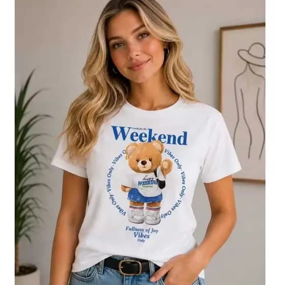 Camiseta Feminina Estampada Chic Ursinha Estilosa T-shirt 100% Algodão Blusa Ursinho Lançamento
