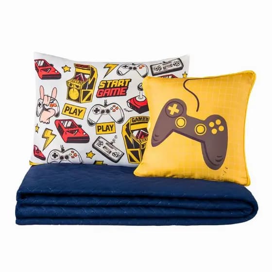 Colcha Coxa Jogo Roupa Cama Edredom Cobre Leito Solteiro Infantil 5 Peças Video Game Amarelo Macio
