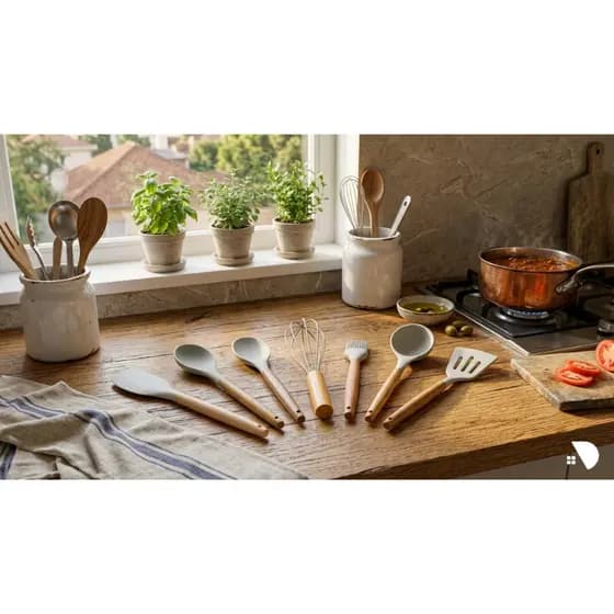 Kit Utensílios de Silicone com Cabo em Bambu - 07 itens