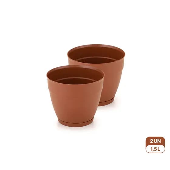 Kit 2 Vasos Redondos Pequeno 1,5L com Prato Anti-Dengue Plástico Resistente para Jardim e Varanda