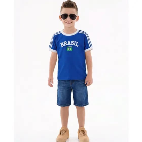 Camiseta Infantil Bandeira do Brasil Bordada Torcedor de Algodão Premium