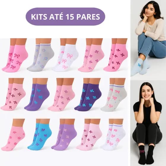 Kit Pares de Meias Soquete Adulto Feminina Estampada Cores Delicadas, Kits com 3-6-12 e 15 pares