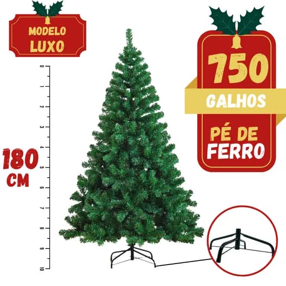 Árvore de Natal Grande Luxo Desmontável 1,80 Metro com 750 Galhos e Base de Ferro