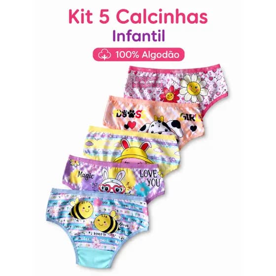 Kit 5 Calcinhas Infantil Menina 100% Algodão Confortável Estampada Macia Com Forro