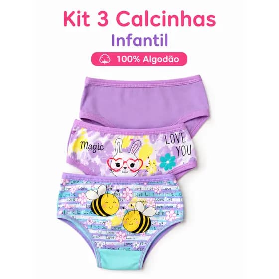 Kit 3 Calcinhas Infantil Menina 100% Algodão Confortável Estampada Macia Com Forro