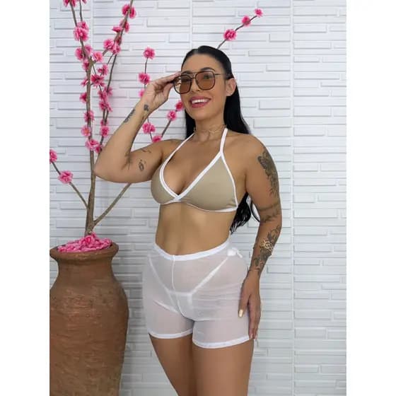 Kit 3 Peças Top Amarração Bojo Sem + Calcinha Fio Amarração + Short de tule Saída de Praia Ano Novo Natal Verão Piscina