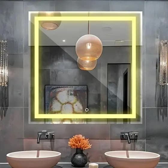 Espelho Quadrado com led botao touch Jateado 90x90 Led Amarelo Com Fonte bivolt
