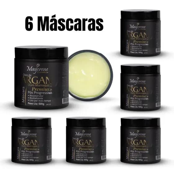 6 Máscaras Óleo De Argan Premium 500g Hidratação e Recuperação Capilar Pós Progressiva Maycrene