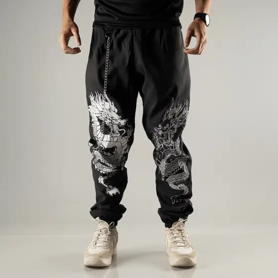 Calça Gringa Dragon Estampada Refletiva Jogger Larga Rapper Trapper Corta Vento 100%poliester Tactel