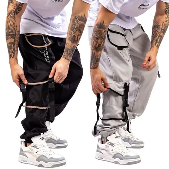 Kit 2 Preto e Cinza Calça Cargo Jogger Unissex Estilo Gringa Coreana Bolsos Laterais Larga tactel