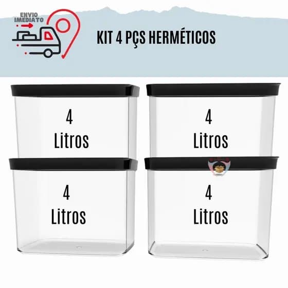 Conjunto Com 4 Potes Herméticos Cozinha 4 Litros Kit Com 4 potes Hermeticos 4000ml Porta Mantimentos para grãos arroz ração Resistente