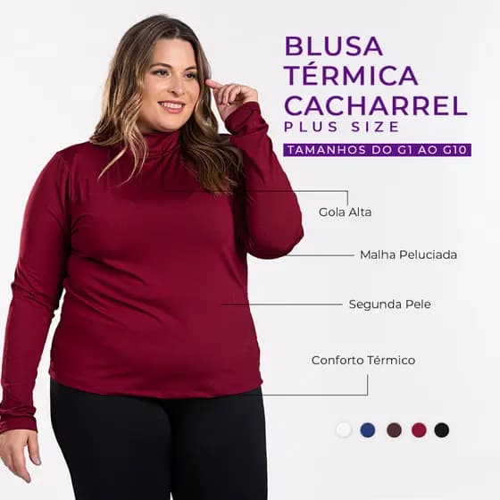 Blusa Feminina Térmica Cacharrel Plus Size G1 a G10 Malha Peluciada Gola Alta Tecido Poliéster