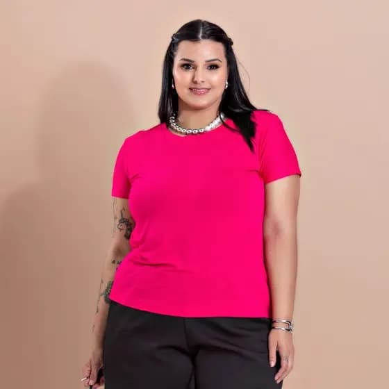 T-Shirt Feminina Plus Size G1 a G8 Viscolycra Gola Redonda Pink - Casual Esportiva Soltinha