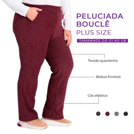 Calça Feminina Bouclê Plus Size G1 a G8 Tecido Quente e Elegante - Cós Elástico Bolsos Frente