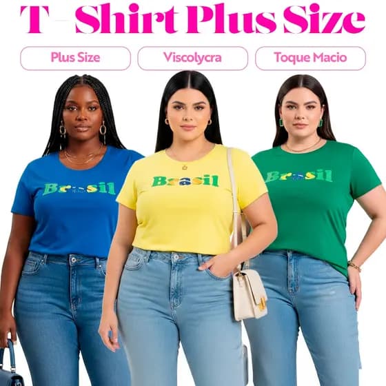 T-Shirt Viscolycra Feminina Plus Size Gola Redonda G1 ao G10 Verde Amarelo Azul Copa do Brasil