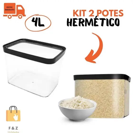 Kit 2 Potes herméticos 4 Litros (4000ml) Empilhável Para Mantimentos Grãos Ração Arroz Organizadores de Cozinha