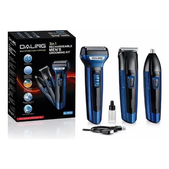 Kit Barbear 3 em 1 Daling Profissional - Barbeador, Aparador de Cabelo e Nariz Recarregável Sem Fio DL-9016 Original