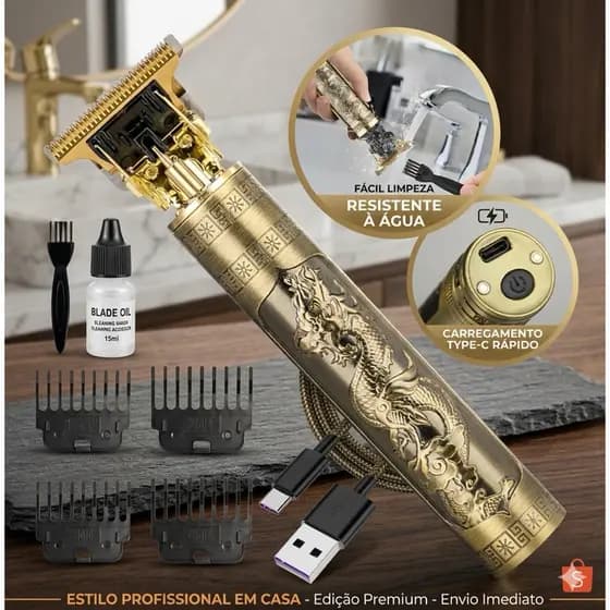 Máquina de Acabamento Profissional Dragão Vintage - Barber Gold Recarregável USB Bivolt + Kit Completo (Envio Imediato)